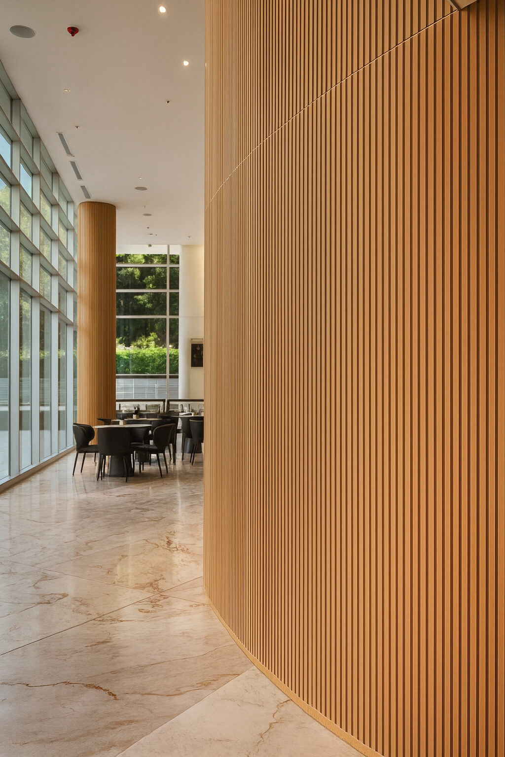Pared curva de listones en lounge