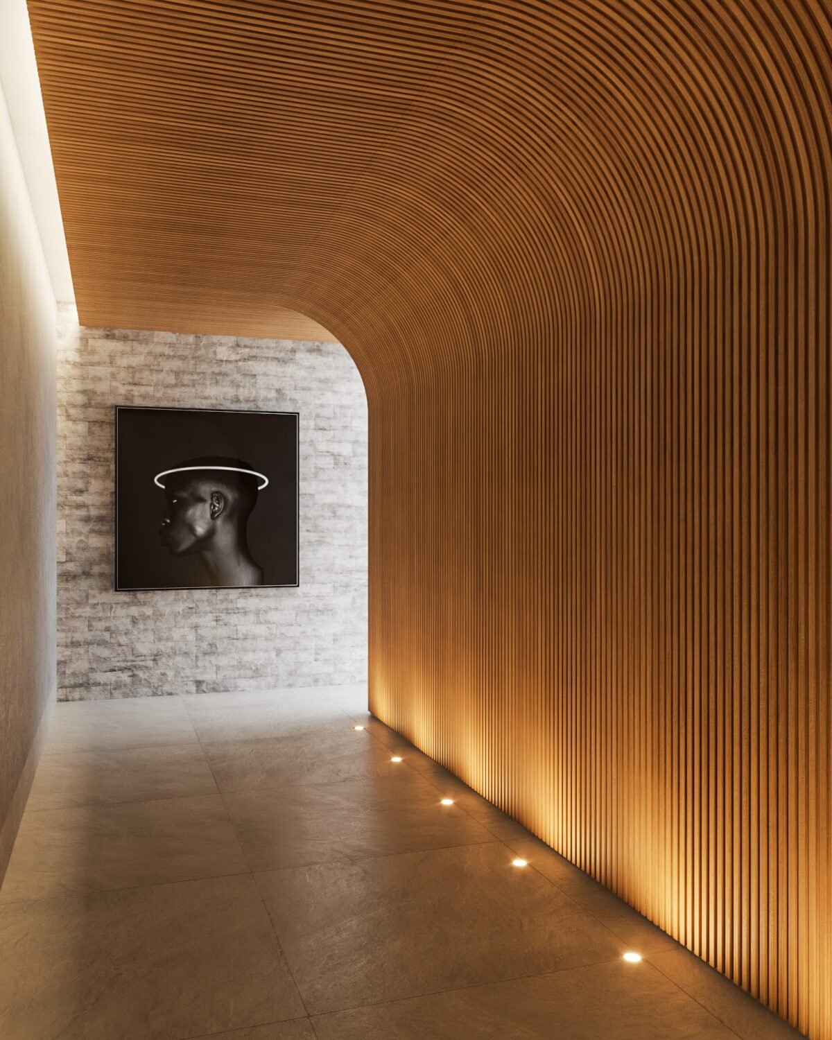 Pasillo con arco curvo iluminado