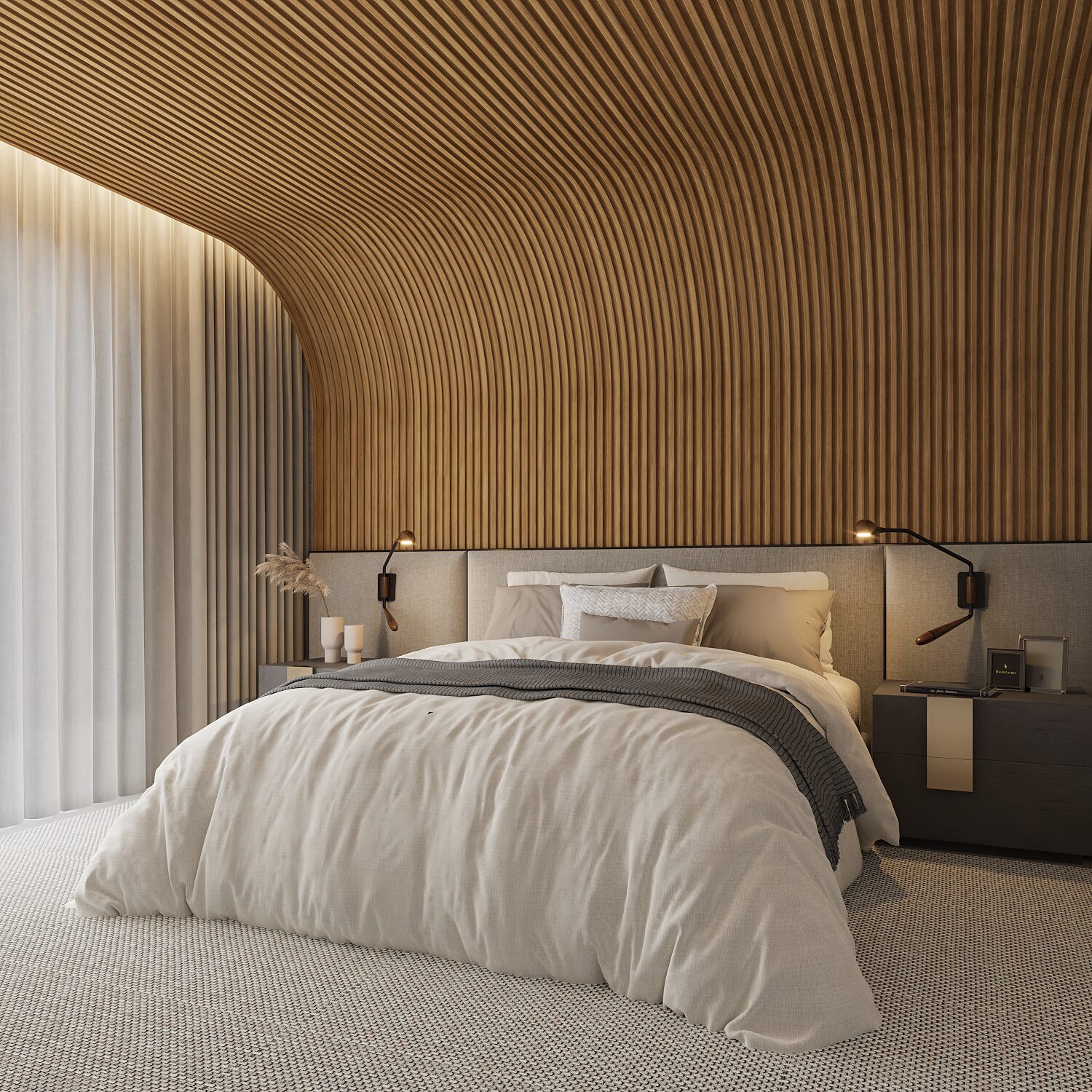 Dormitorio con pared curva de listones