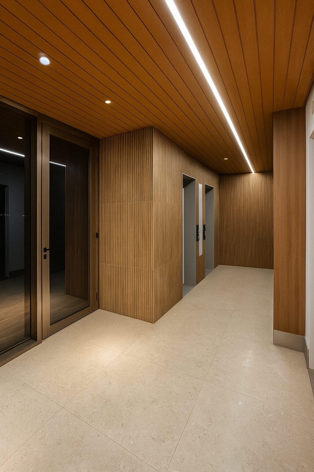 Hall revestido en listones con LED