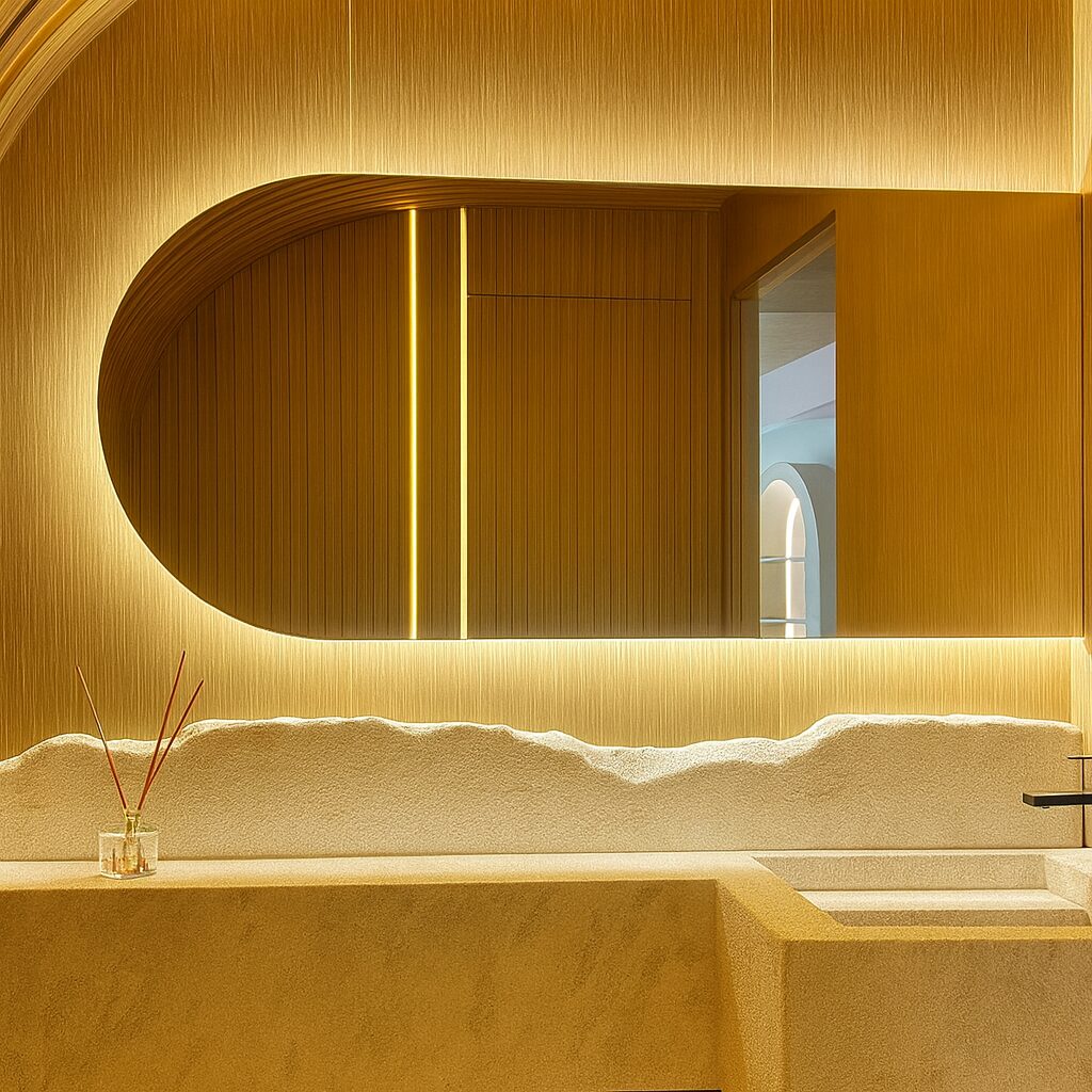 Baño de visitas con arco curvo iluminado