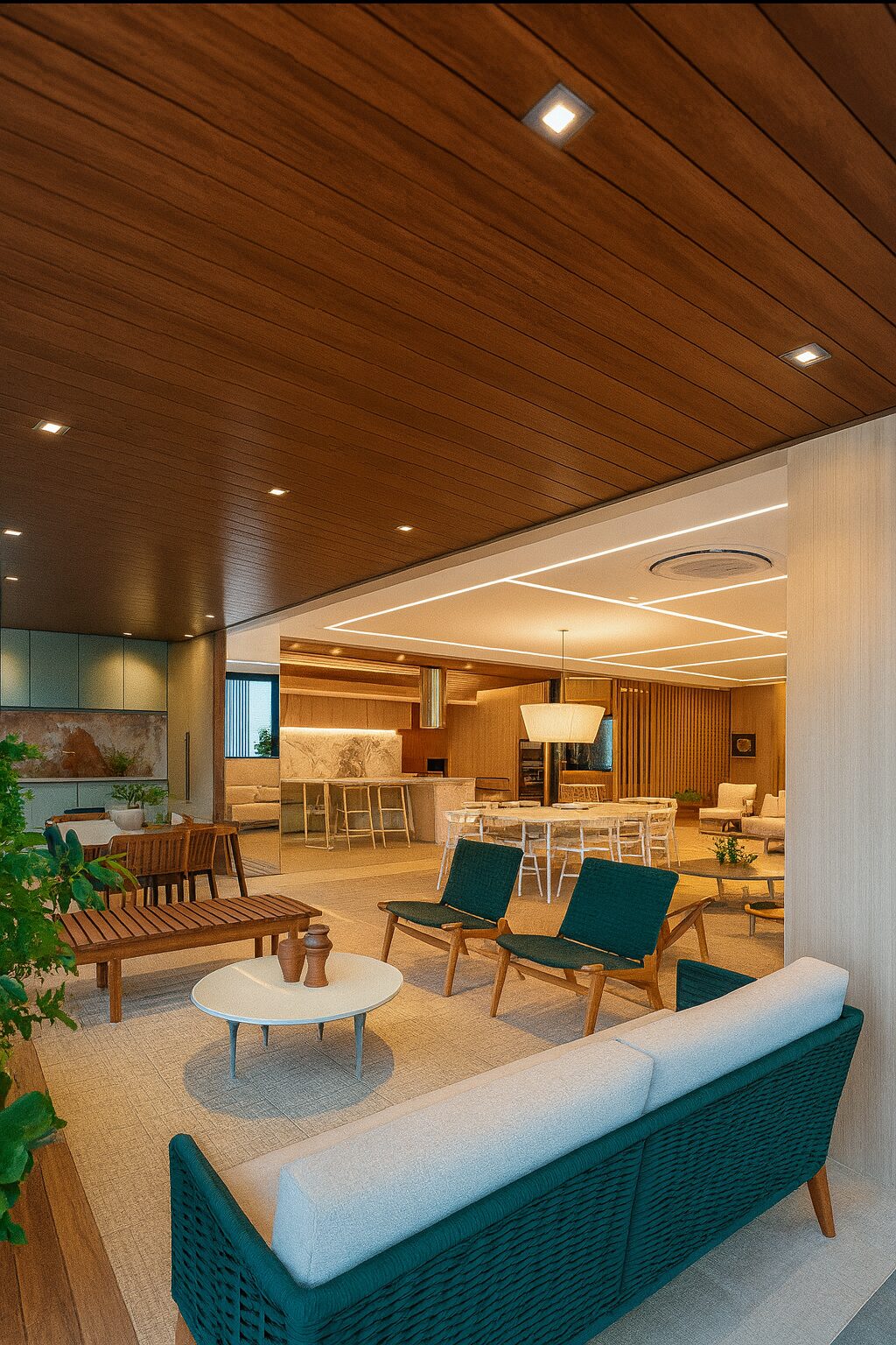 Lounge comum com forro ripado
