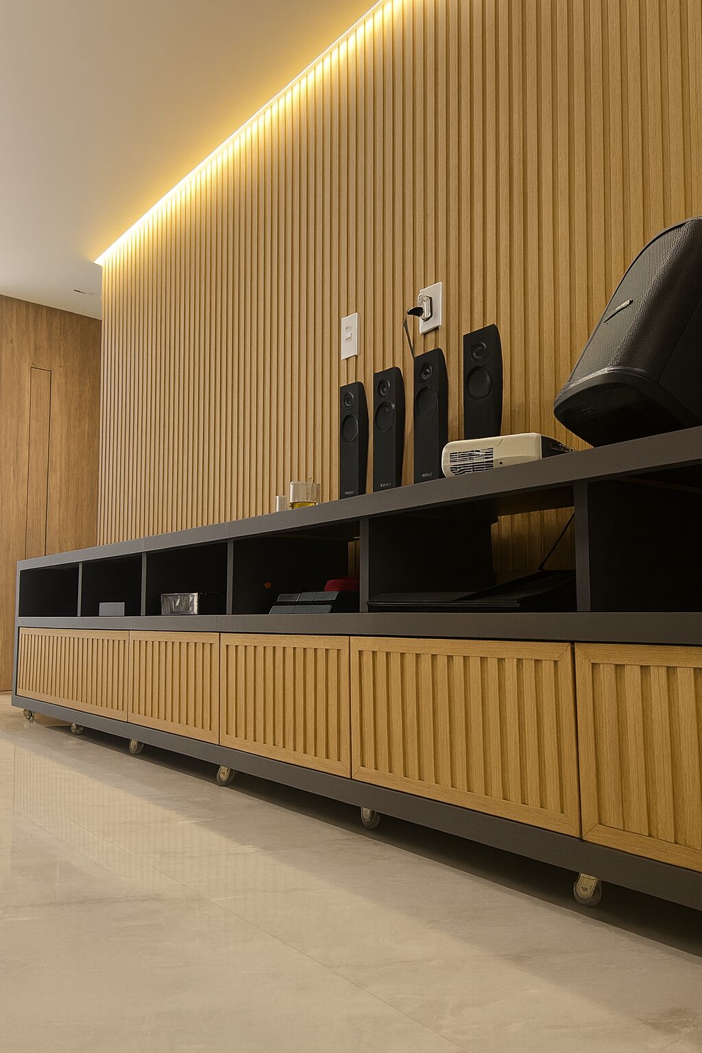 Panel de listones con home theater y TV
