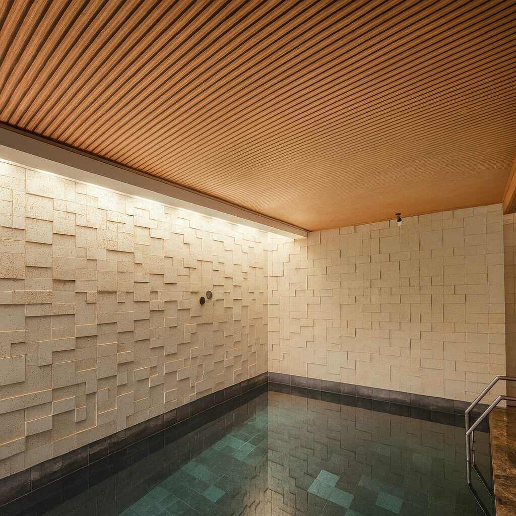 Piscina com pedra e ripado