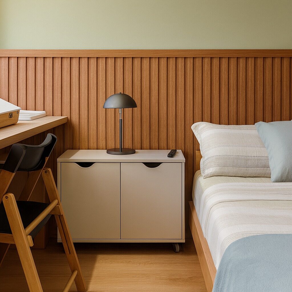 Dormitorio con cabecera de listones